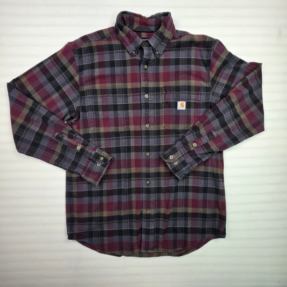 Carhartt Mens Relaxed Fit Plaid Flannel Shirt Burgundy Charcoal 104909 M Regular